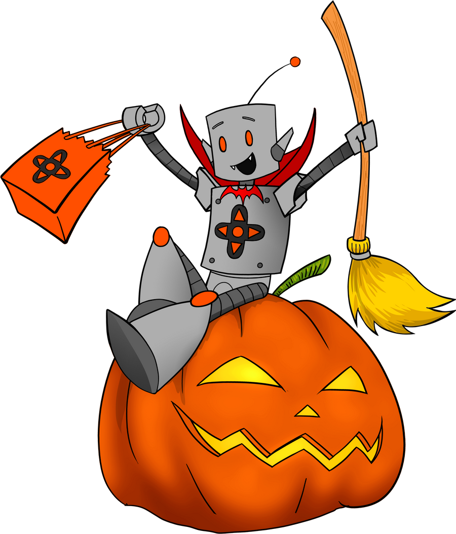 Pat the Play and Talk robot dressed as a vampire, riding a jack-o-lantern